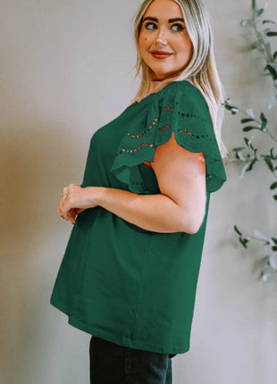 Plus Size Eyelet Round Neck Short Sleeve Blouse - MimiStylez