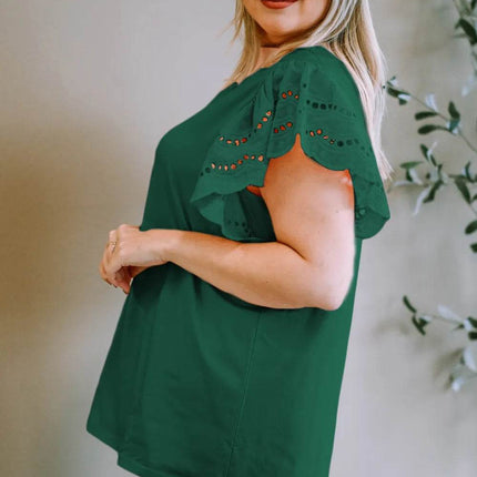 Plus Size Eyelet Round Neck Short Sleeve Blouse - MimiStylez