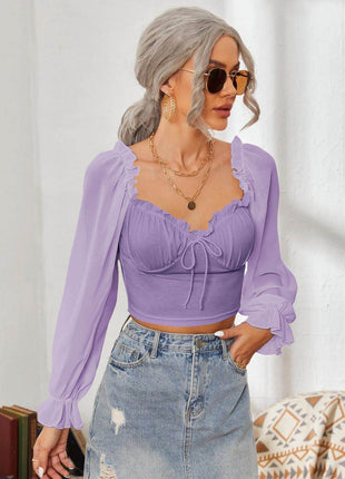 Mesh Sweetheart Neck Flounce Sleeve Top - MimiStylez