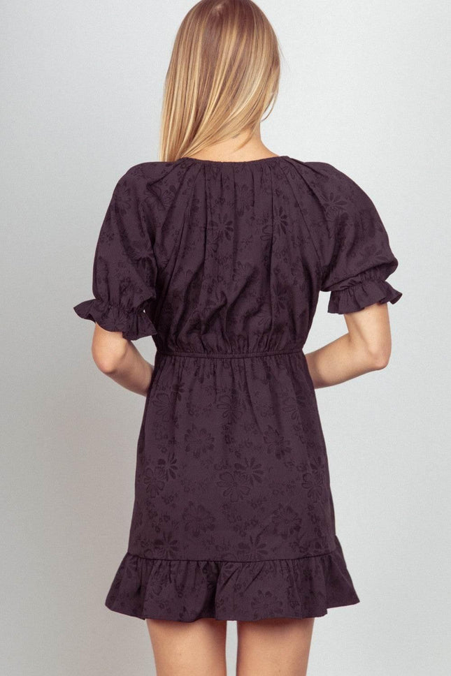 VERY J Floral Textured Woven Ruffled Mini Dress - MimiStylez