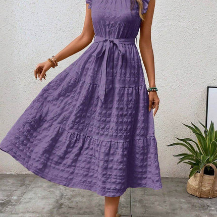 Tied Ruffled Cap Sleeve Midi Dress - MimiStylez