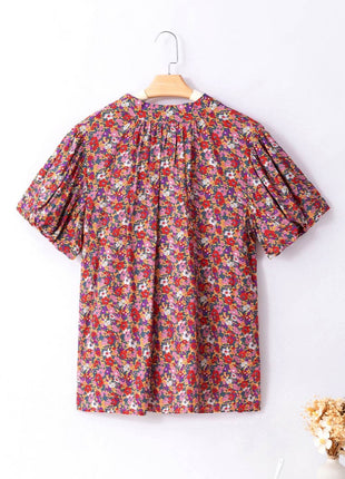 Printed Mock Neck Short Sleeve Blouse - MimiStylez