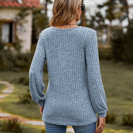 Round Neck Button-Down Long Sleeve Tee - MimiStylez