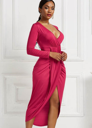 High-low Ruched Surplice Long Sleeve Dress - MimiStylez