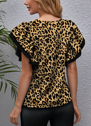 Leopard Round Neck Flounce Sleeve Blouse - MimiStylez