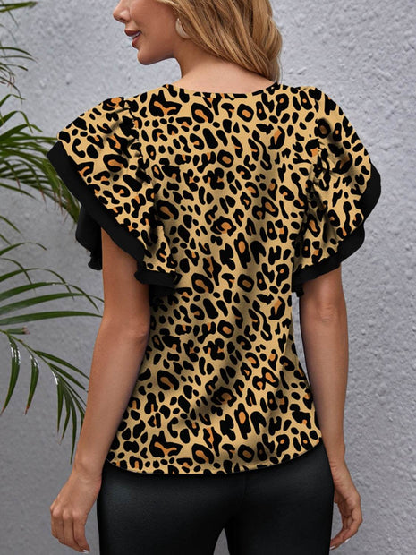 Leopard Round Neck Flounce Sleeve Blouse - MimiStylez