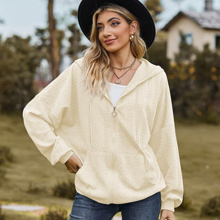 Zip Up Drawstring Long Sleeve Hooded Jacket - MimiStylez