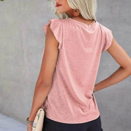 Ruffled Round Neck Cap Sleeve T-Shirt - MimiStylez
