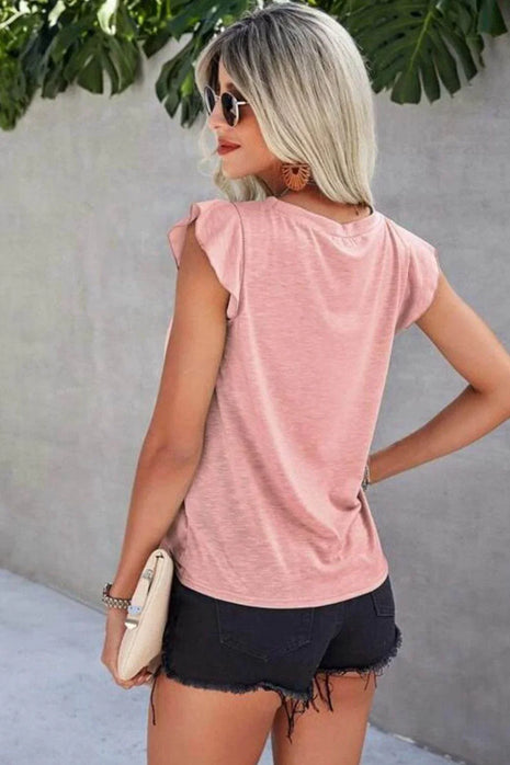 Ruffled Round Neck Cap Sleeve T-Shirt - MimiStylez