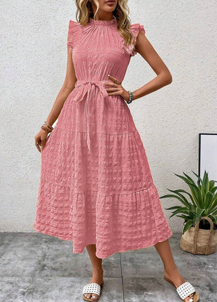 Tied Ruffled Cap Sleeve Midi Dress - MimiStylez
