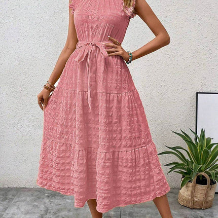 Tied Ruffled Cap Sleeve Midi Dress - MimiStylez