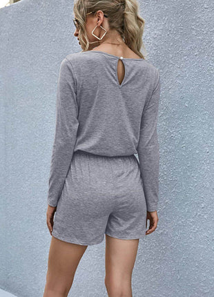 Drawstring Waist Long Sleeve Romper - MimiStylez