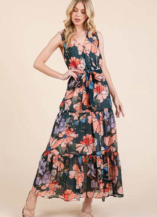 Lime 'N' Chili Floral Print Sleeveless Tie Waist Maxi Dress - MimiStylez