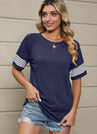 Striped Round Neck Short Sleeve T-Shirt - MimiStylez