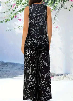 Abstract Print Round Neck Tank and Pants Set - MimiStylez