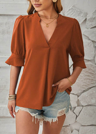 Notched Half Sleeve Blouse - MimiStylez