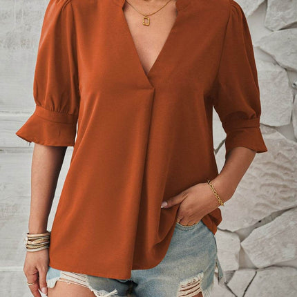 Notched Half Sleeve Blouse - MimiStylez