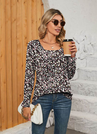 Printed Square Neck Long Sleeve Blouse - MimiStylez