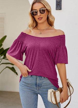 Smocked Round Neck Flutter Sleeve T-Shirt - MimiStylez
