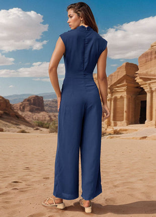 Ruched Mock Neck Sleeveless Jumpsuit - MimiStylez