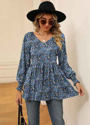 Printed V-Neck Lantern Sleeve Blouse - MimiStylez