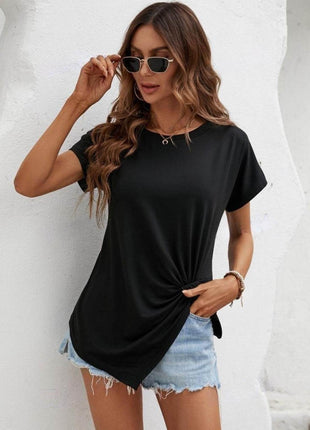 Asymmetric Hem Round Neck T-Shirt - MimiStylez