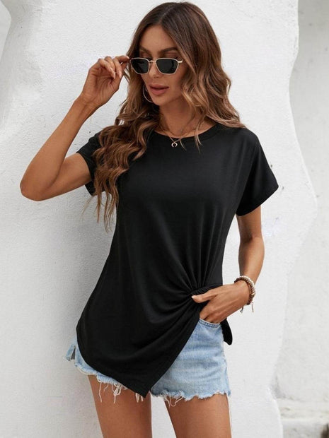 Asymmetric Hem Round Neck T-Shirt - MimiStylez