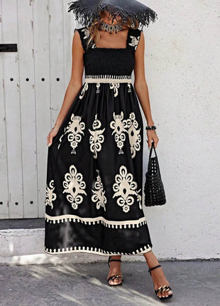 Smocked Printed Wide Strap Maxi Dress - MimiStylez