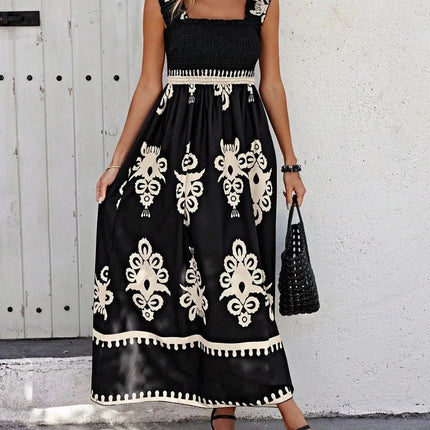 Smocked Printed Wide Strap Maxi Dress - MimiStylez