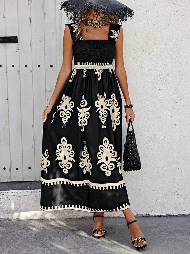 Smocked Printed Wide Strap Maxi Dress - MimiStylez