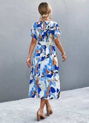 Round Neck Short Sleeve Tie Waist Midi Dress - MimiStylez