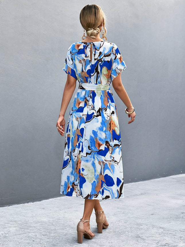Round Neck Short Sleeve Tie Waist Midi Dress - MimiStylez