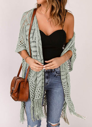 Openwork Open Front Cardigan with Fringes - MimiStylez