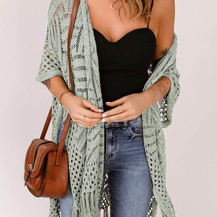 Openwork Open Front Cardigan with Fringes - MimiStylez