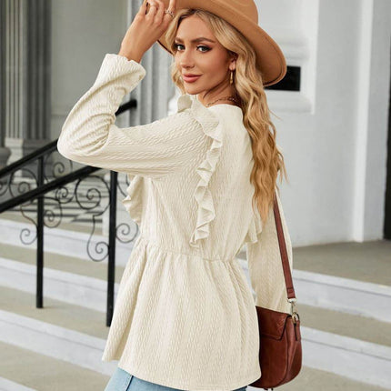 Round Neck Ruffled Peplum Blouse - MimiStylez