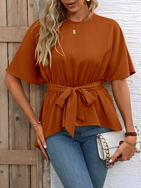 Tied Round Neck Half Sleeve Blouse - MimiStylez