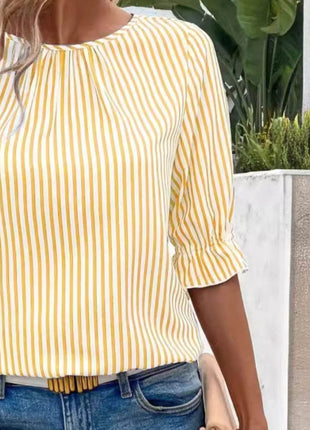 Striped Round Neck Half Sleeve Casual Blouse - MimiStylez