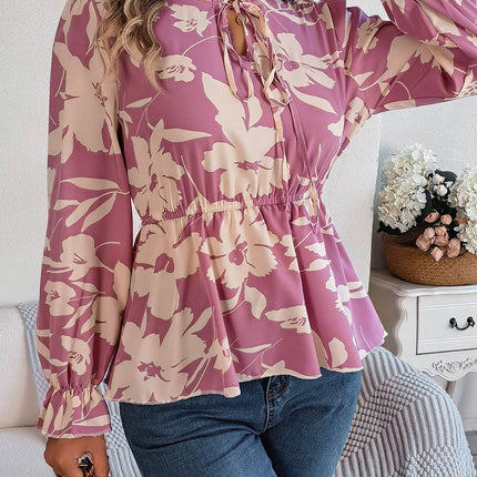 Printed Tie Neck Flounce Sleeve Blouse - MimiStylez