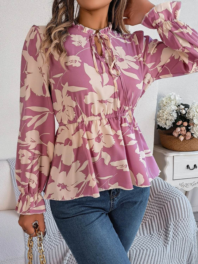 Printed Tie Neck Flounce Sleeve Blouse - MimiStylez