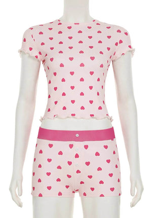 Heart Print Top and Shorts Loungewear Set - MimiStylez