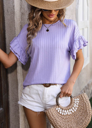 Ruffled Round Neck Short Sleeve Blouse - MimiStylez