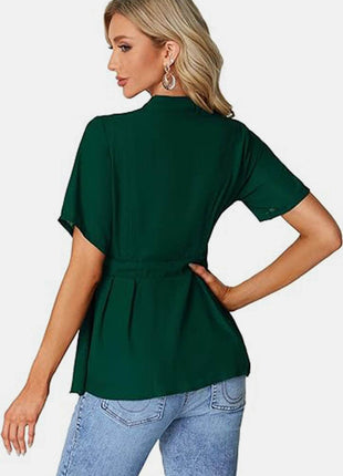 Tied Round Neck Short Sleeve Blouse - MimiStylez