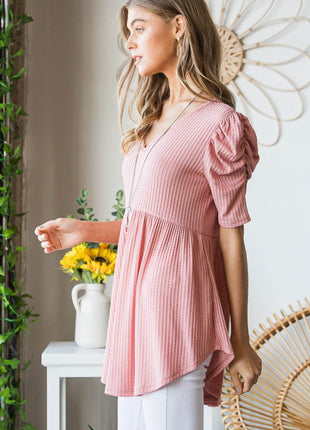 Heimish Full Size Waffle Knit V-Neck Babydoll Top - MimiStylez