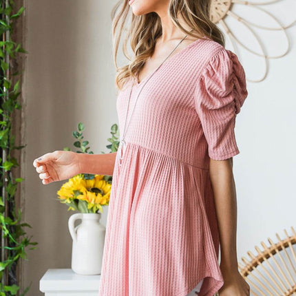 Heimish Full Size Waffle Knit V-Neck Babydoll Top - MimiStylez