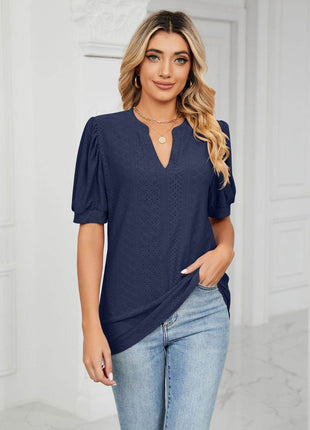 Eyelet Short Puff Sleeve Notched Neck Top - MimiStylez