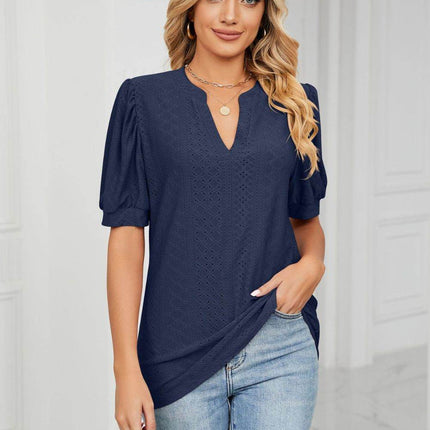 Eyelet Short Puff Sleeve Notched Neck Top - MimiStylez