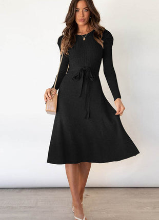 Round Neck Long Sleeve Tie Waist Sweater Dress - MimiStylez