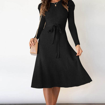 Round Neck Long Sleeve Tie Waist Sweater Dress - MimiStylez