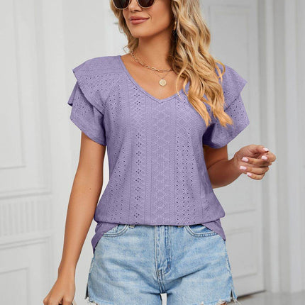 Eyelet Layered Flutter Sleeve V-Neck Knit Top - MimiStylez