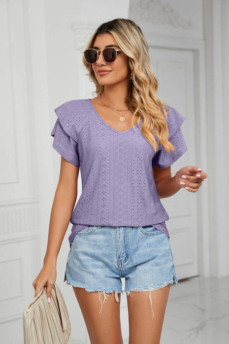 Eyelet Layered Flutter Sleeve V-Neck Knit Top - MimiStylez